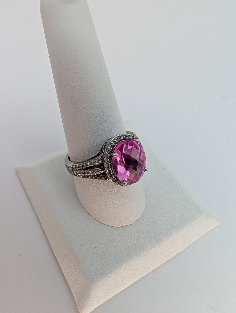 Sterling Silver 925 Large Pink Sapphire Halo Ring Sz 10 Lab Created
